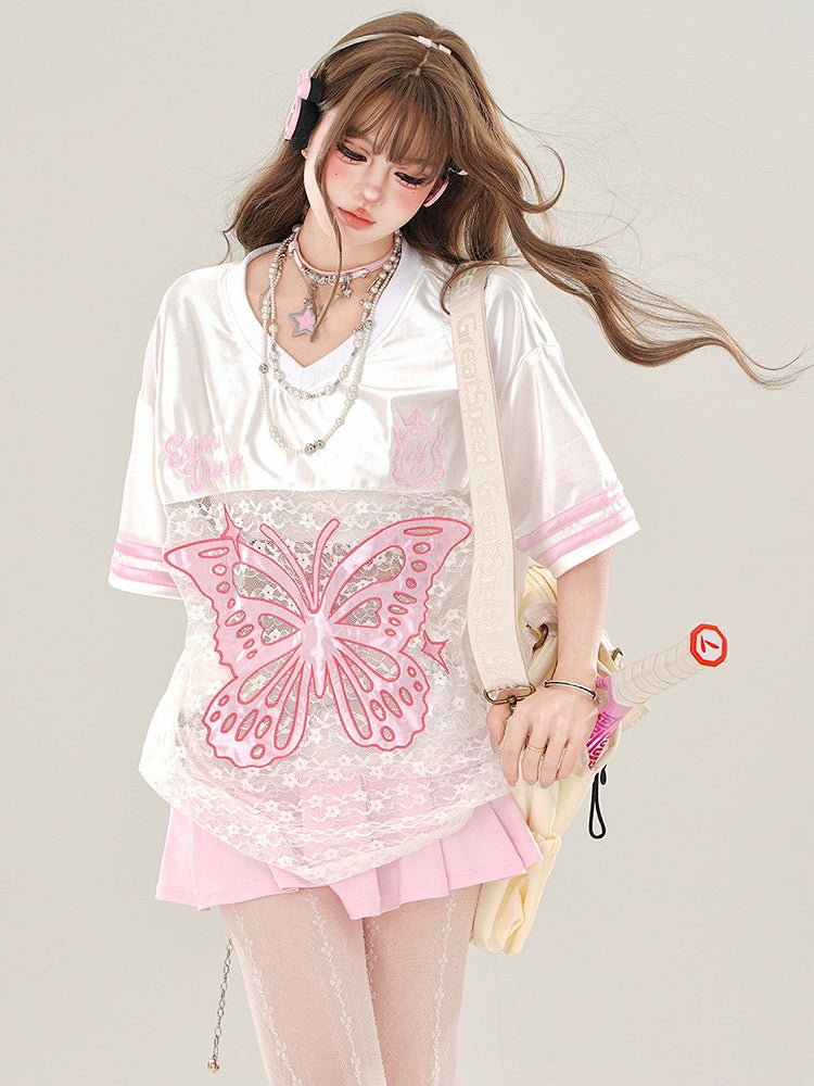 Rosa/Schwarzes sportliches T-Shirt mit Schmetterlingsapplikation und Spitze im Patchwork-Stil