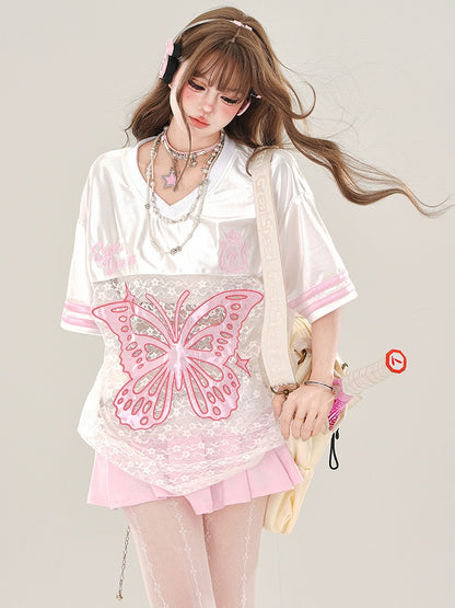 Rosa/Schwarzes sportliches T-Shirt mit Schmetterlingsapplikation und Spitze im Patchwork-Stil