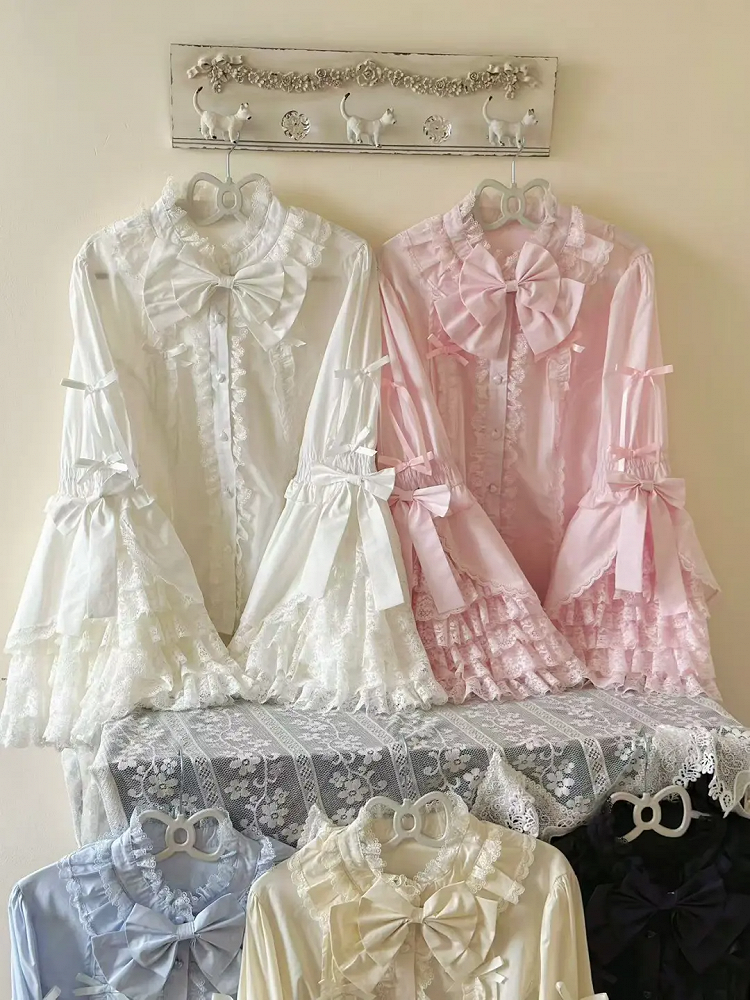 Plus Size White Black Pink Blue Apricot Lolita Bell Sleeve Blouse - Versatile girl