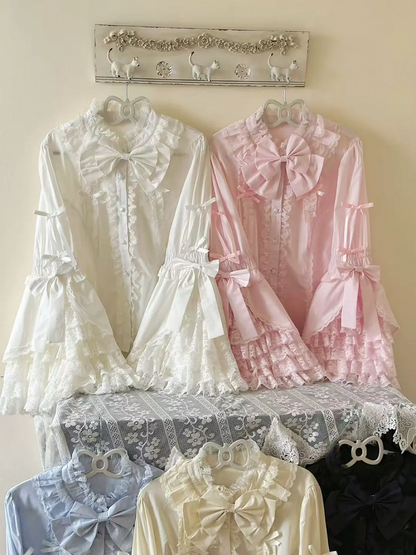 Plus Size White Black Pink Blue Apricot Lolita Bell Sleeve Blouse - Versatile girl