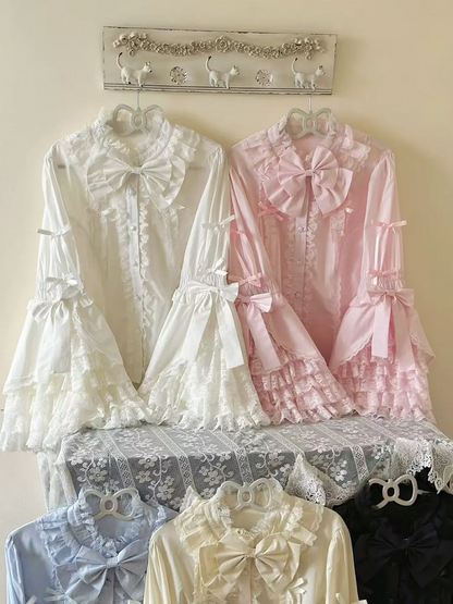 Black Apricot Sleeves White Lolita Bell Size Pink Plus Blouse / Blue