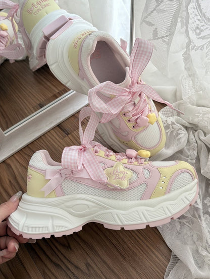 in Platform Pink Lolita Design Bow Plaid Lace-up Star Sweet Details Sneakers Yellow And