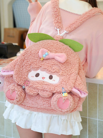 Pink Lamb Bowknot Plush Flap Backpack Bag Middle/Large Size