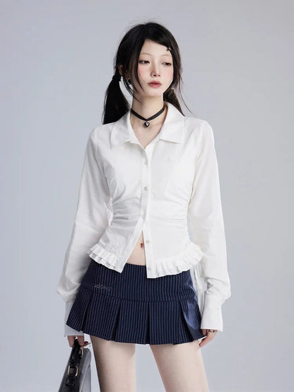 Marineblauer Rock mit Streifenmuster, niedrige Taille, adrette JK-Uniform, Kellerfalten-Minirock