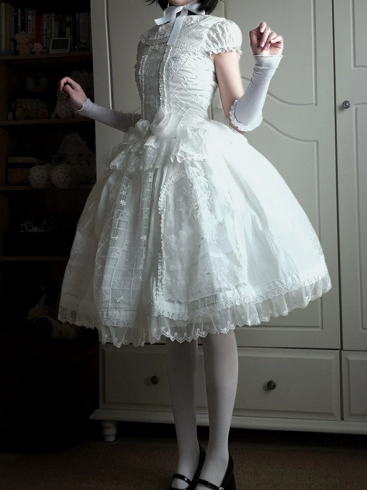 Elegant Ivory Floral Lace Applique Short OP Dress with Sash - Sleepless Unanswered