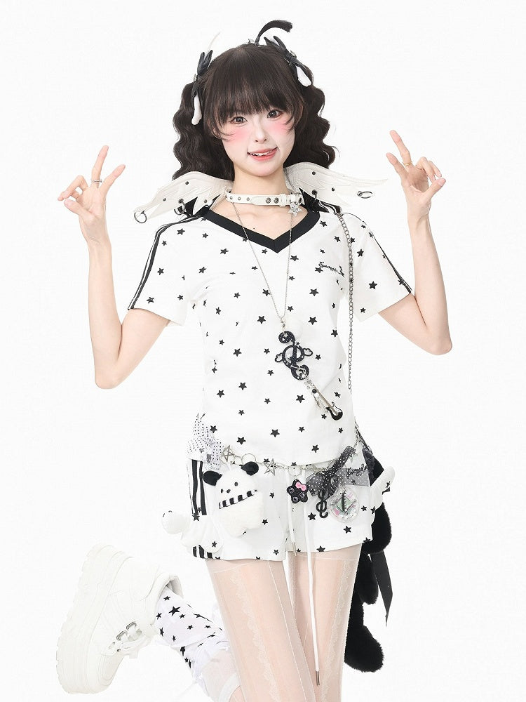 White Star Print V-Neck Tee with Wing Back Design - Languid Park