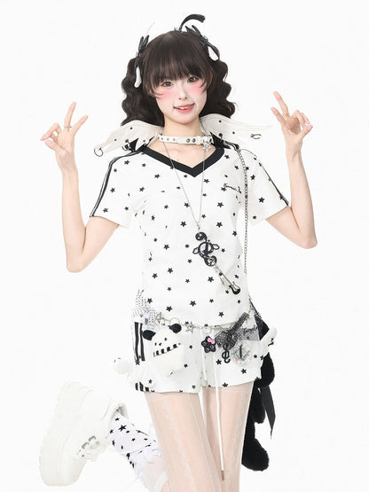 White Star Print V-Neck Tee with Wing Back Design - Languid Park