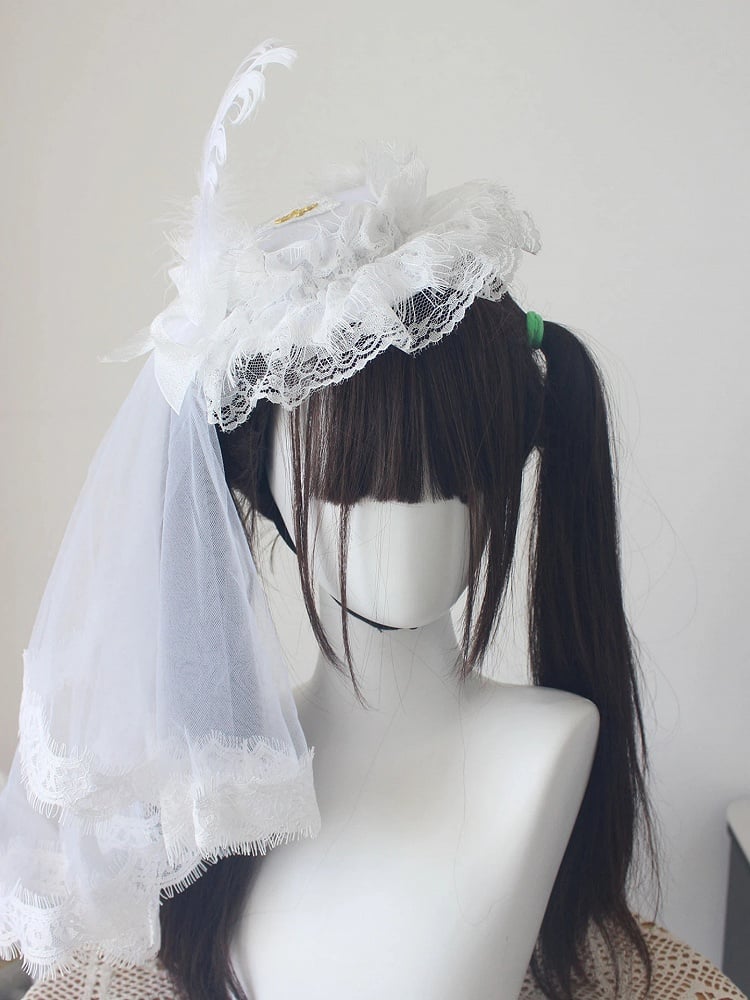 Hat with Black / Veil Mini Lolita White Flat