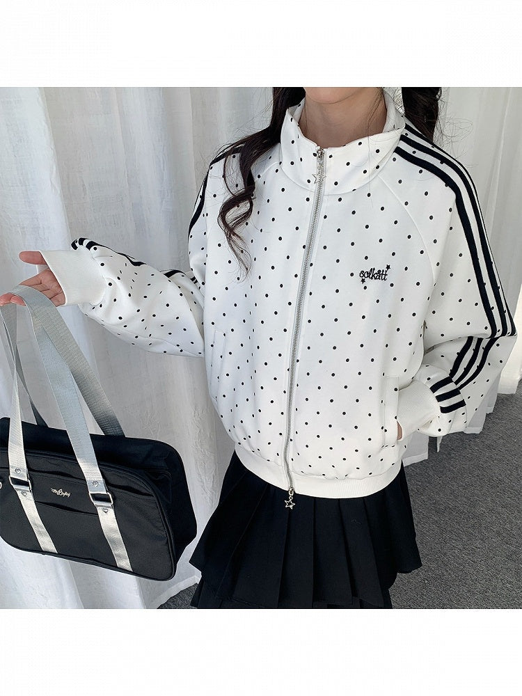 White Striped Zip-Up Jacket with Polka Dot Pattern - Solkatt