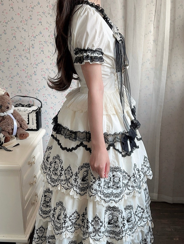 Lolita with Black Sleeves White Trims Elegant Lace Puff Blouse