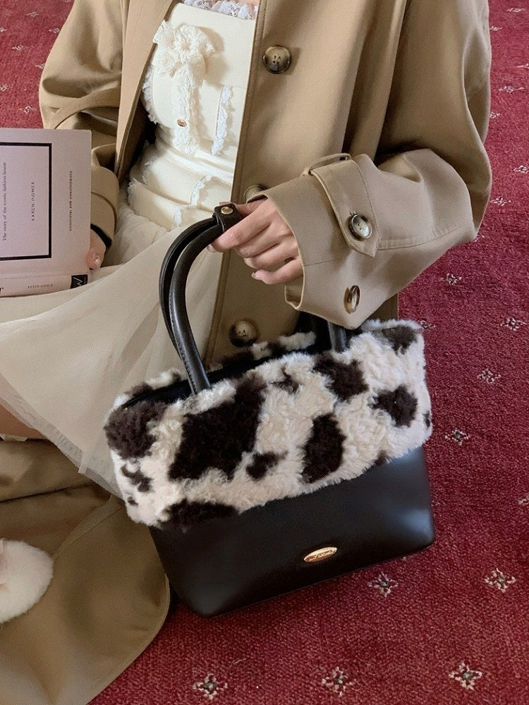 Brown Cow Print Shoulder Bag with Fluffy Crossbody Strap - Lalacita