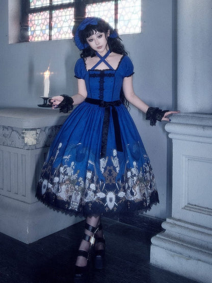 Cross Trim Black Gothic Skeleton Dress and Lace Lolita with Print Blue