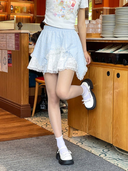Contrast Lace Patches Blue Plaid Elastic Waist Bowknot Details Skirt
