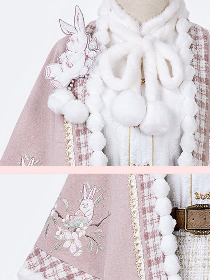 Hanfu-Style Fuzzy Long Sleeve Blouse with Pink Rabbit Embroidered Coat and Pleated Mini Skirt Set - Han Ru Chu Hanfu &amp; Han-Element Studi