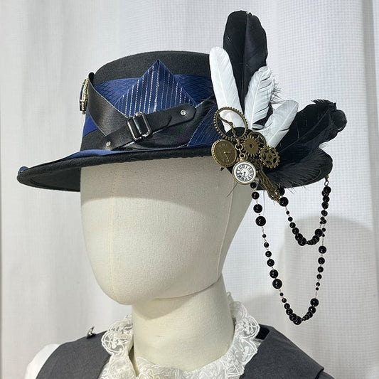 and Black Hat Dark Feather Gear Blue Top with Bead Steampunk Chain