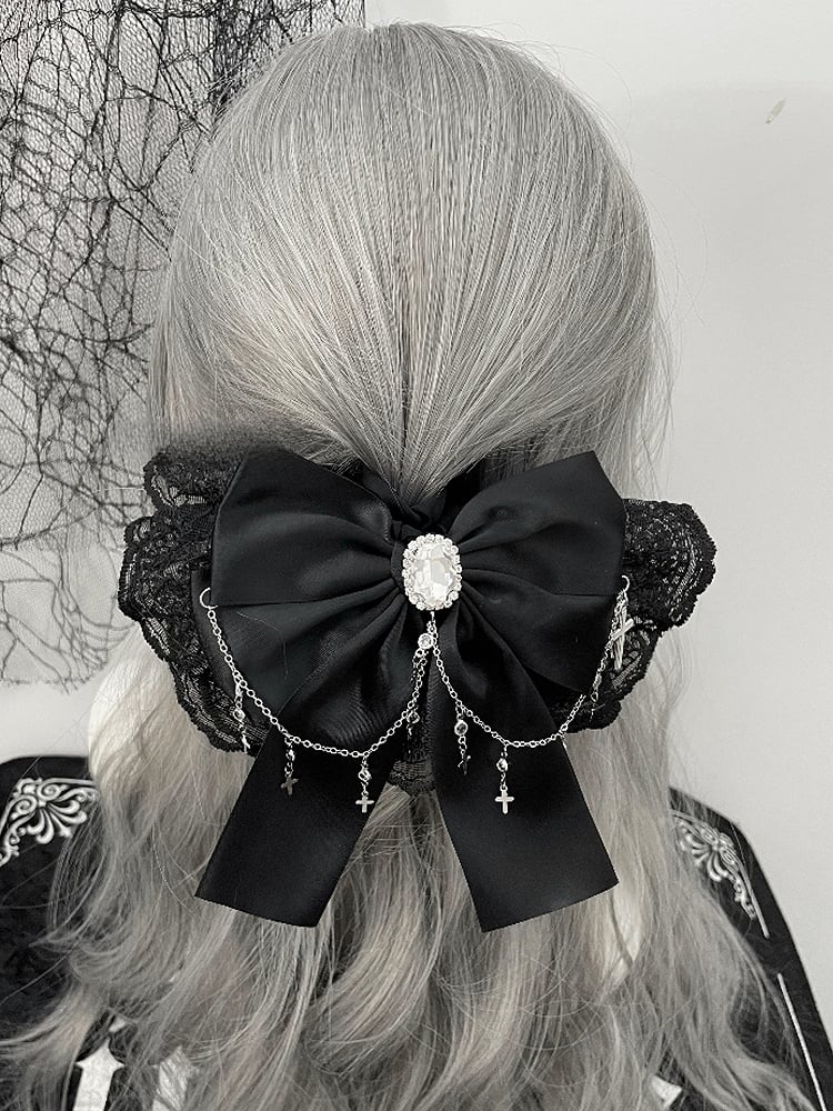 Verziert Strass Haar Kreuz Bowknot Charm Trim Krawatte Schwarz/Beige Spitze