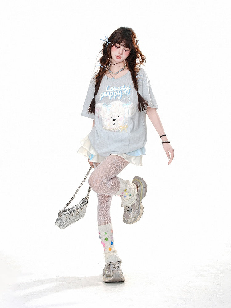 Loose T-Shirt Adorable Plush Puppy Bow Embroidered Blue