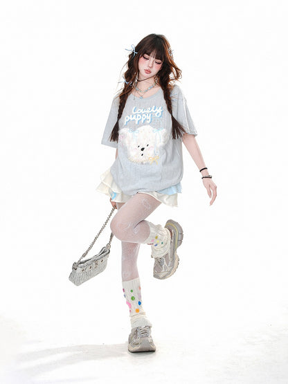 Loose T-Shirt Adorable Plush Puppy Bow Embroidered Blue