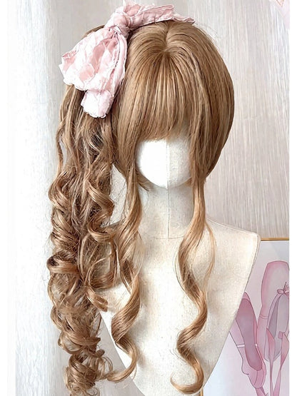 Linen Brown Wig with Bangs and Long Wavy Twin Tails Clip - Meow Island Wig