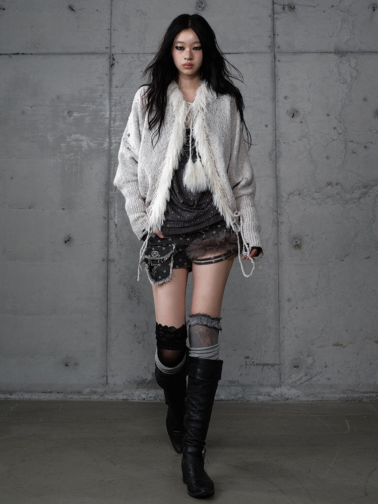 Trim Light Punk Cardigan Wing Faux Grey Fur Print Y2K Batwing with Sleeve