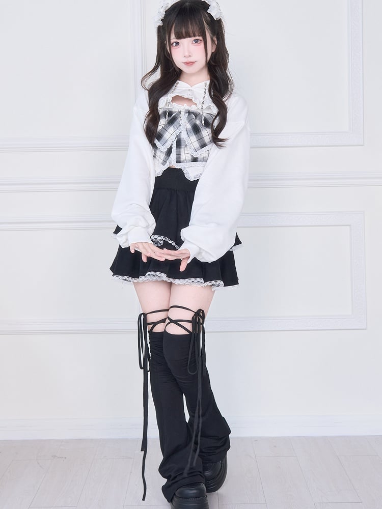 Bow White Tank Cropped Hoodie with Kei Open-Bust Two-Piece Set: Oversized Jirai Plaid