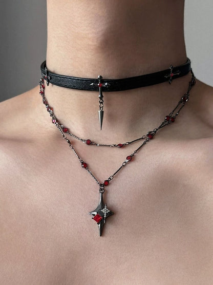 Gothic Black & Red Cross Choker with Beads - YSHXS