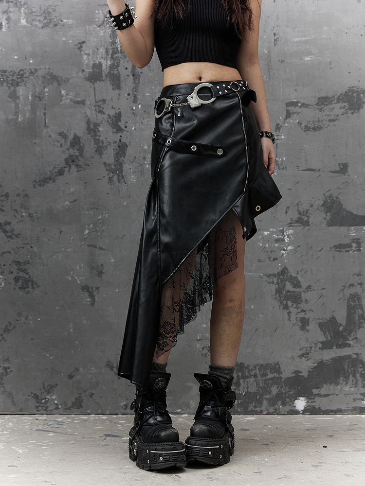 Asymmetrical Black Punk PU Skirt With Studded Belt  Lace Accents