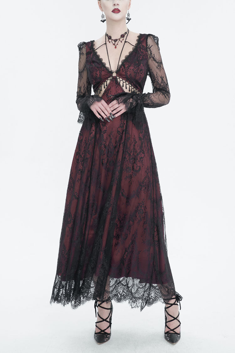 Red Lace Applique Adjustable Waist Cutout Women's Gothic Dress