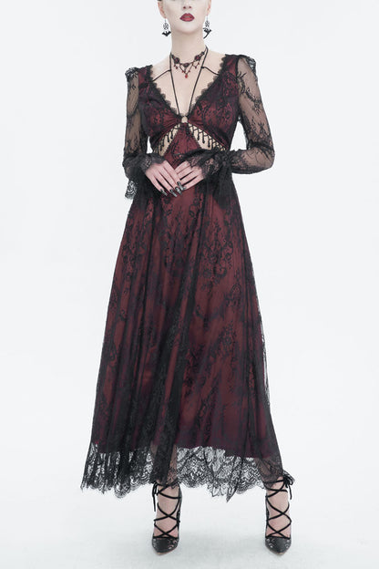 Red Lace Applique Adjustable Waist Cutout Women's Gothic Dress