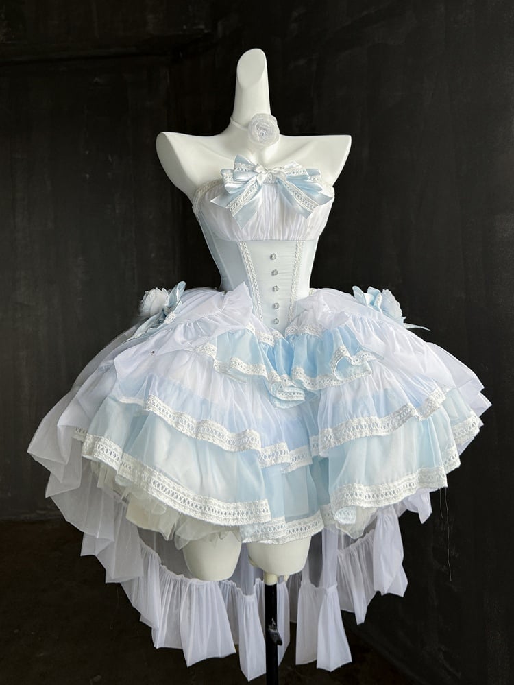 Blaues, trägerloses, bauschiges Balletcore-Kleid mit Taillenstäbchen