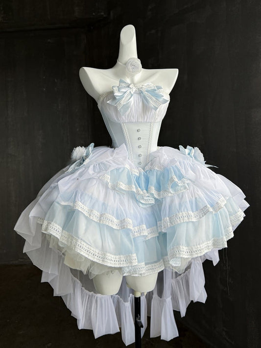 Blaues Balletcore-Trägerloses Puffkleid mit Taillenstäbchen und abnehmbarer Tüllschleppe