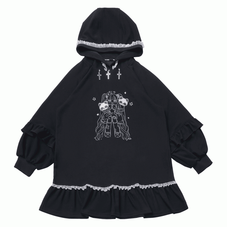 Cross Black Sweet-Grunge and Decoration Doll Metal with Dark Hoodie Dress Aesthetic Lace