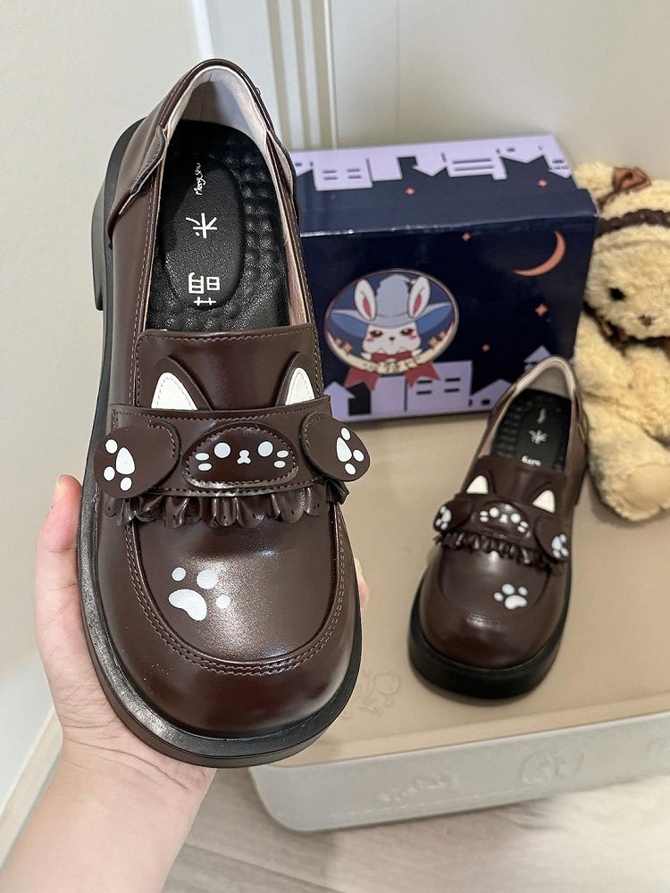 Cat Accents Design Shoes Mid-heel Brown Style Slip-On Ear PU Paw Preppy Print - with