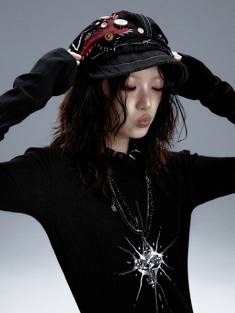 Black Beret Bold Unique Handcrafted Detailing with Star Button Denim Appliques