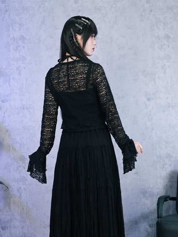 Black Hollow Lace Cardigan Asymmetrical Cut