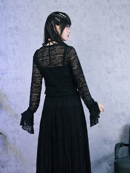 Black Hollow Lace Cardigan Asymmetrical Cut