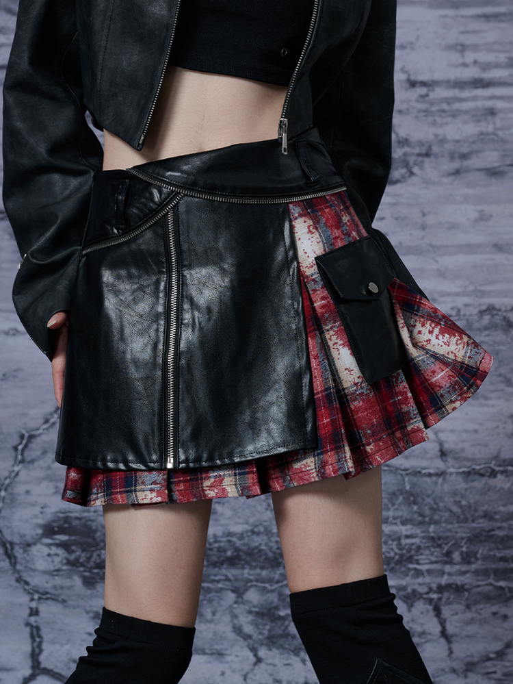 Skirt Asymmetrical Red PU with Black Accents Punk A-line Plaid