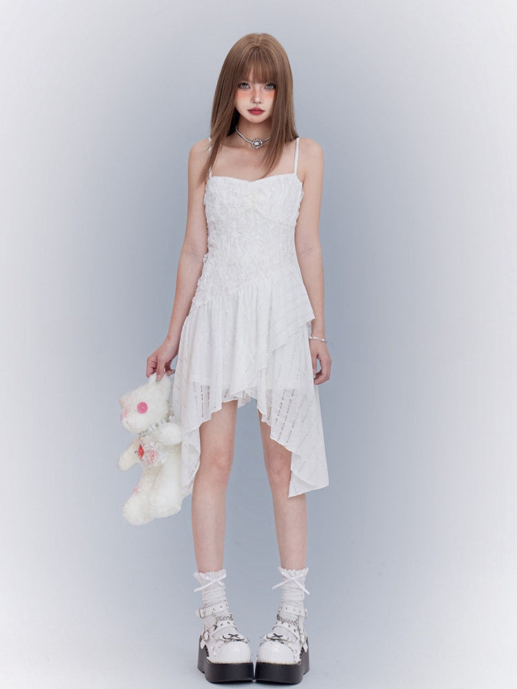 White Asymmetrical Waistline Handkerchief Hem Spaghetti Strap Dress