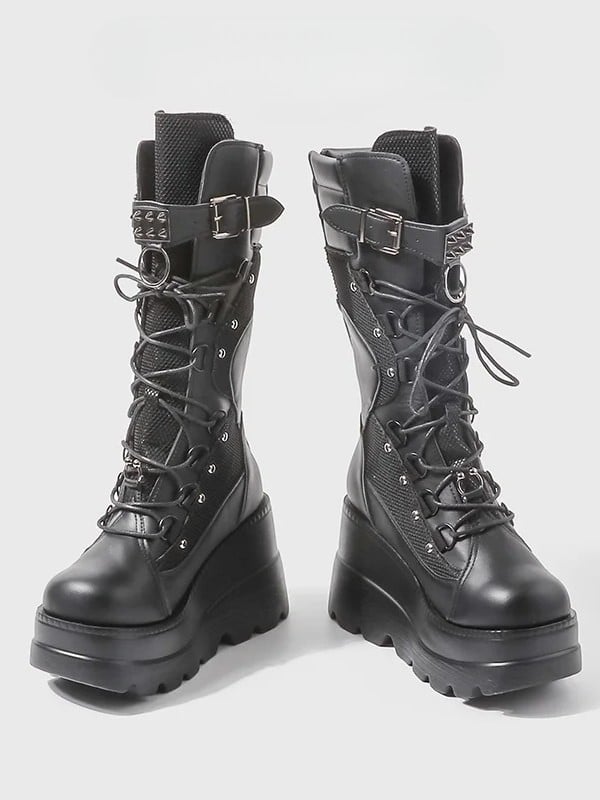 Studded with Boots Back Zip Gothic Mid-Calf Black Platform Buckle Strap Closure Sole -