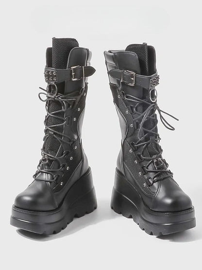 Studded with Boots Back Zip Gothic Mid-Calf Black Platform Buckle Strap Closure Sole -