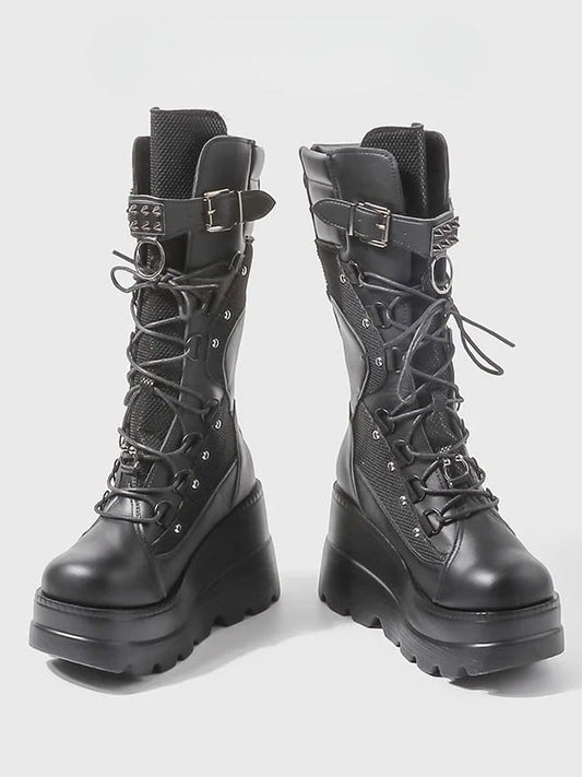 Studded with Boots Back Zip Gothic Mid-Calf Black Platform Buckle Strap Closure Sole -