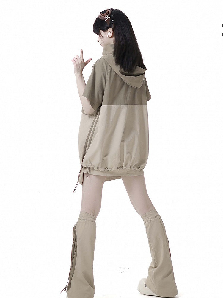 Khaki Snap and Drawstring Detail Techwear Skort