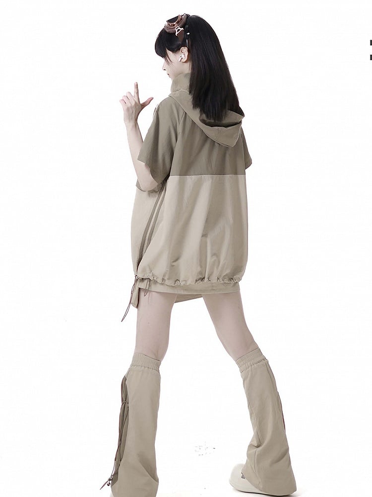 Khaki Colorblock Lightning Embroidery Drawstring Techwear Hooded T-shirt Hem