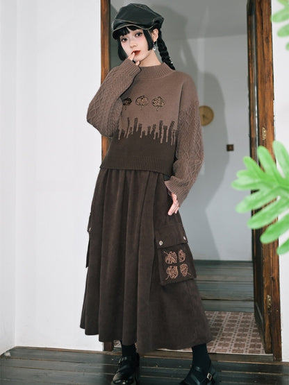 Leaf Sweater with Cheongsam Goth Brown Design Neck Mock Embroidery