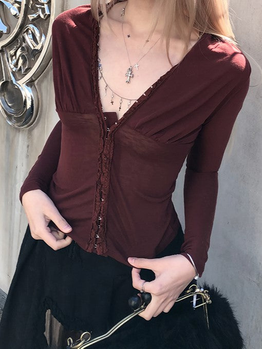 Cross Red Detachable Top V-Neck Rust Details with Necklace and Sleeve Vintage-Inspired Long Lace Hook