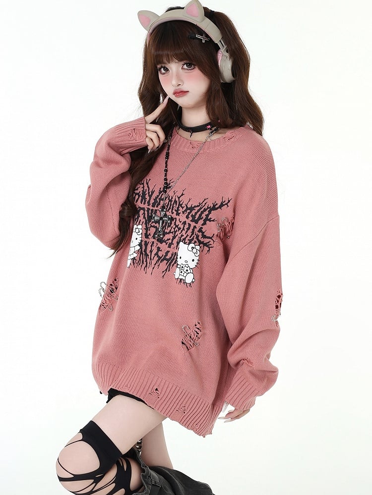 キティプリントのダメージ加工穴あきスイカ柄ルーズセーター