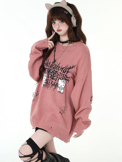 キティプリントのダメージ加工穴あきスイカ柄ルーズセーター