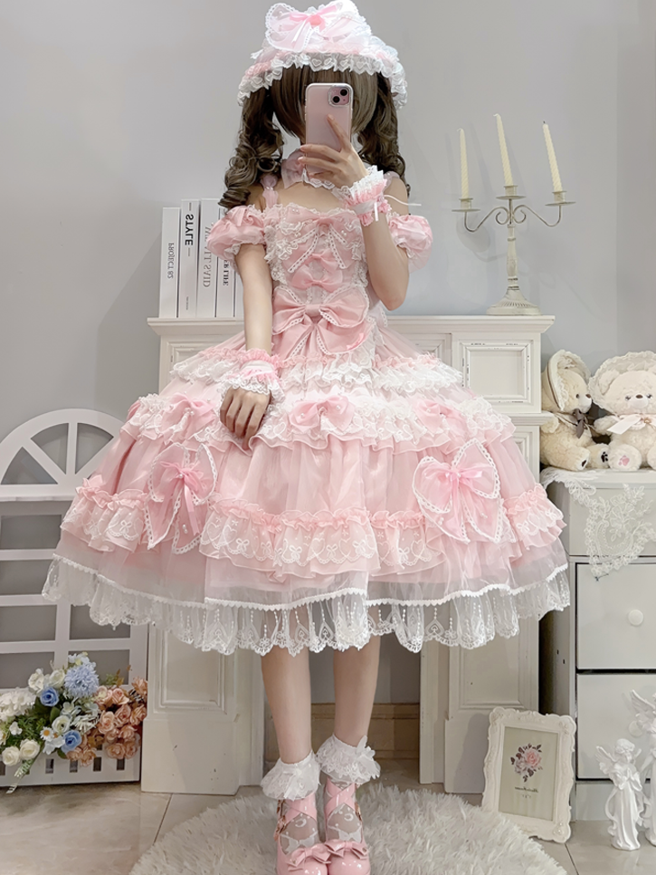 Süßes Lolita-Prinzessinnen-Perlenkleid mit Schleife und auf der Rückseite mit großen rosa Akzenten