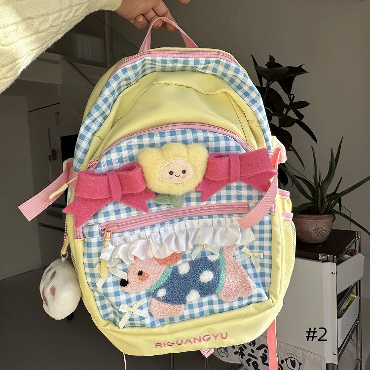 Backpack with Applique Plaid Preppy Puppy Yellow Blue Sporty Plush