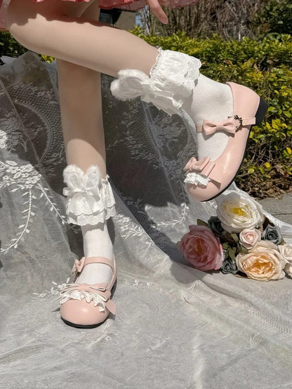 Low-heel/Mid-heel Accents Sweet Delicate Bow Lace Mary Pink Lolita Shoes in Jane